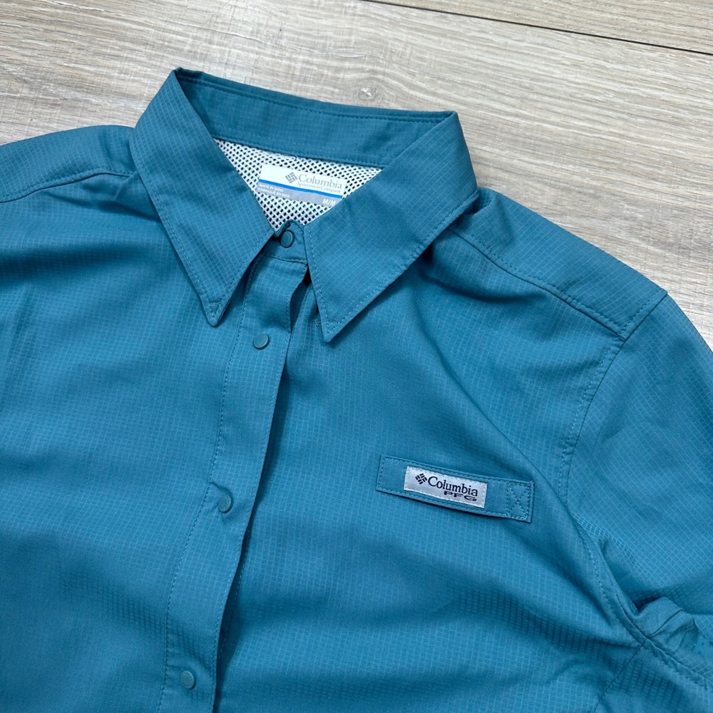 NEW Colombia PFG Blue Tamiami Snap Button Roll Tab Long Sleeve Outdoors Medium - Picture 2 of 8